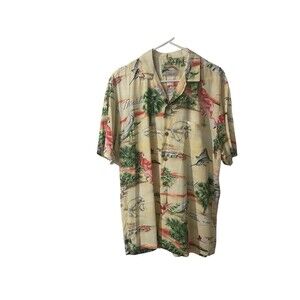 Vintage Paradise Found Mens Floral Hawaiian Shirt Florida Map Fishing Sz Medium